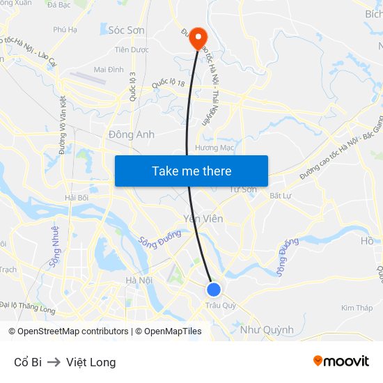 Cổ Bi to Việt Long map