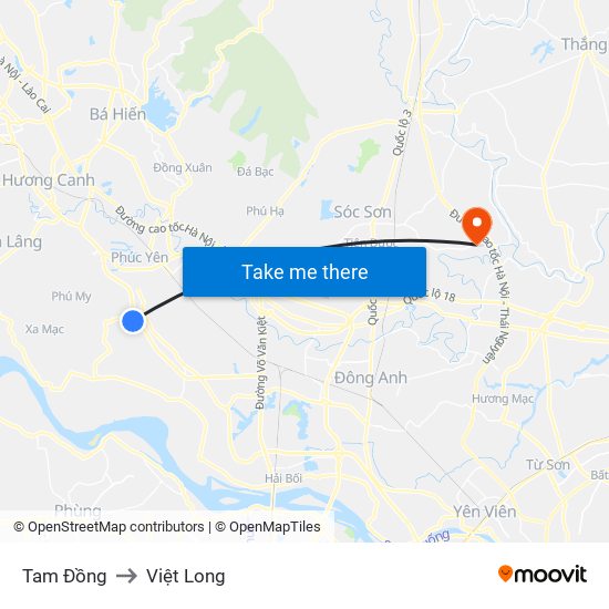 Tam Đồng to Việt Long map