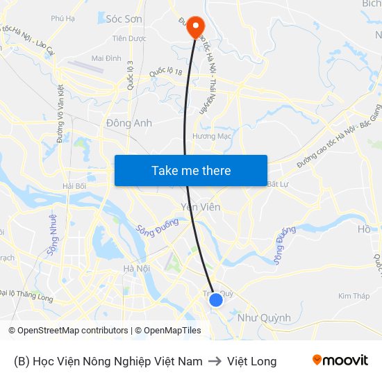 (B) Học Viện Nông Nghiệp Việt Nam to Việt Long map