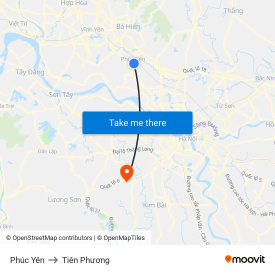 Phúc Yên to Tiên Phương map