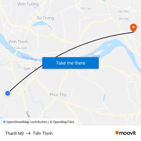 Thanh Mỹ to Tiến Thịnh map