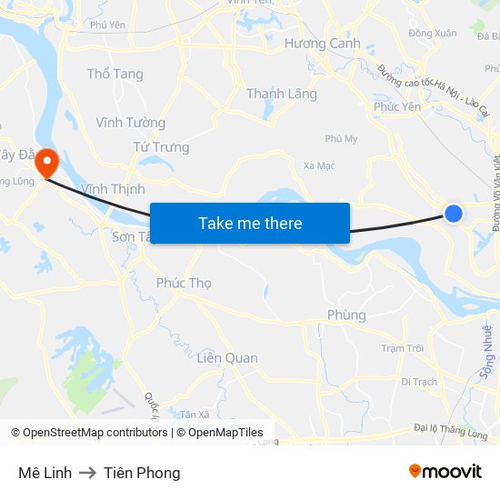 Mê Linh to Tiên Phong map