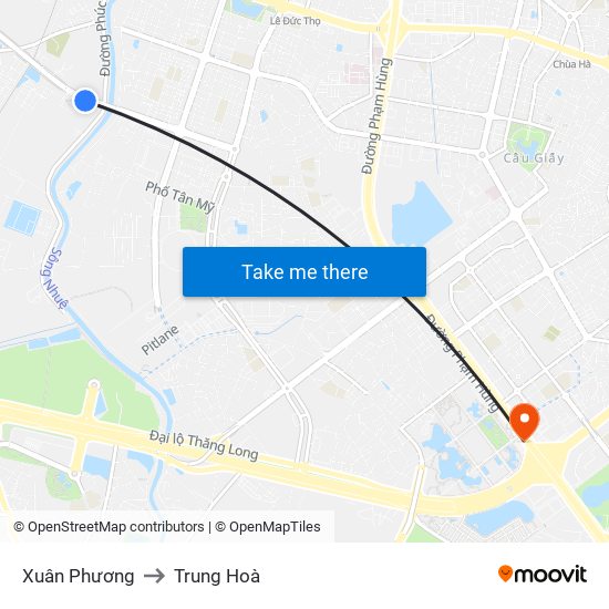 Xuân Phương to Trung Hoà map