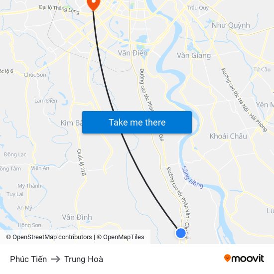 Phúc Tiến to Trung Hoà map