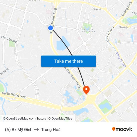 (A) Bx Mỹ Đình to Trung Hoà map