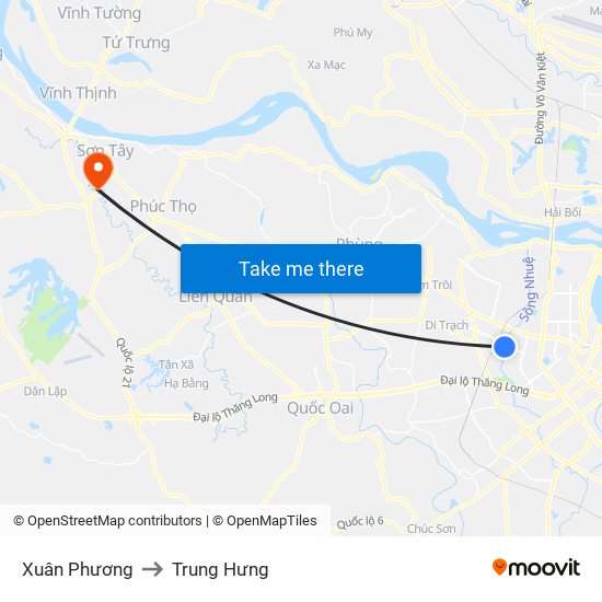 Xuân Phương to Trung Hưng map