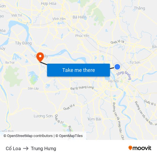 Cổ Loa to Trung Hưng map
