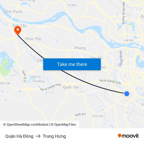 Quận Hà Đông to Trung Hưng map