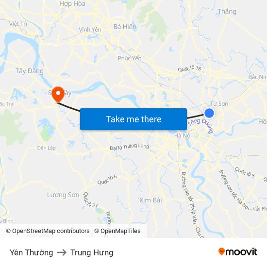 Yên Thường to Trung Hưng map