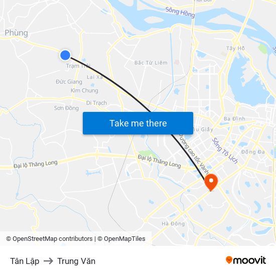 Tân Lập to Trung Văn map