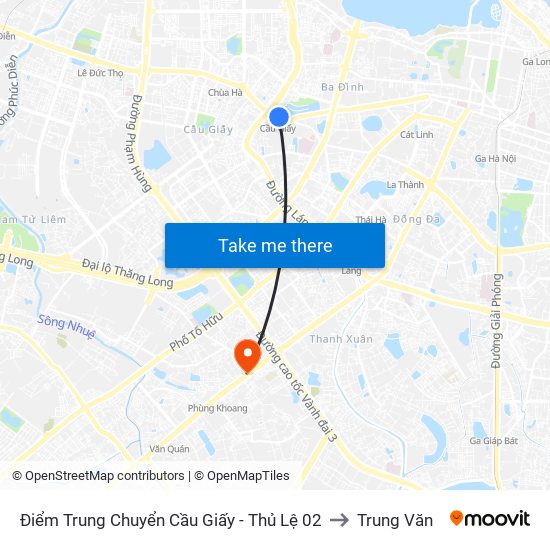 Điểm Trung Chuyển Cầu Giấy - Thủ Lệ 02 to Trung Văn map