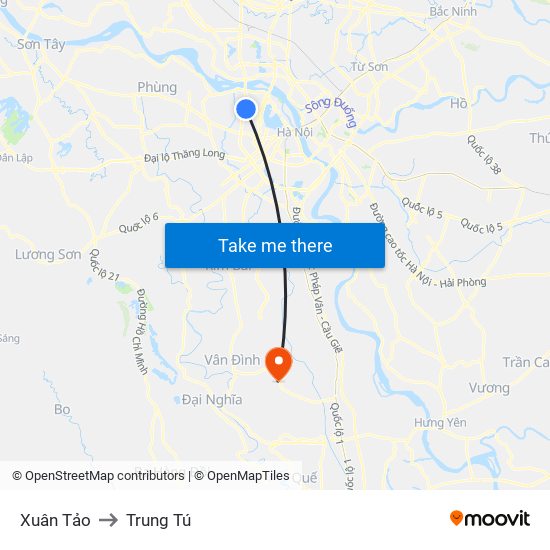 Xuân Tảo to Trung Tú map