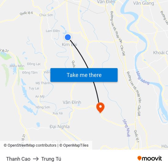 Thanh Cao to Trung Tú map