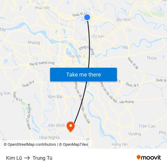 Kim Lũ to Trung Tú map