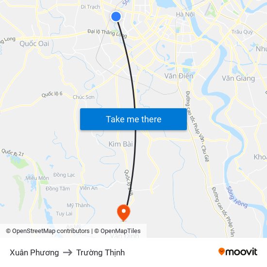 Xuân Phương to Trường Thịnh map