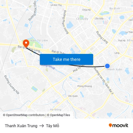 Thanh Xuân Trung to Tây Mỗ map