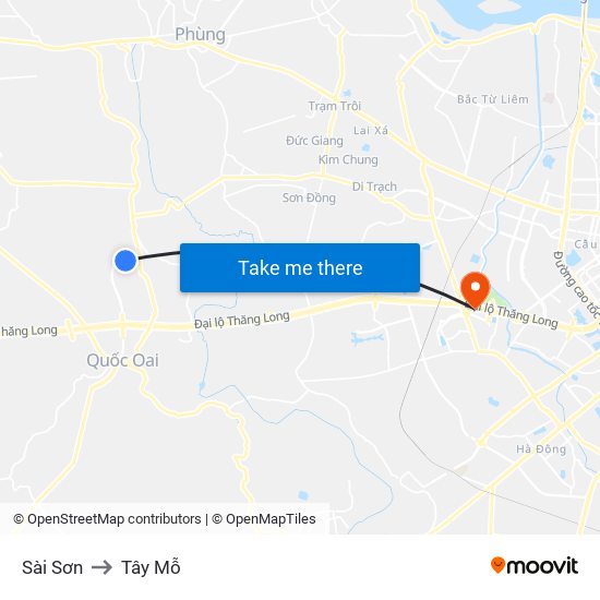 Sài Sơn to Tây Mỗ map