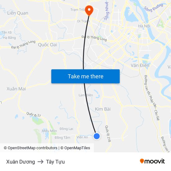 Xuân Dương to Tây Tựu map