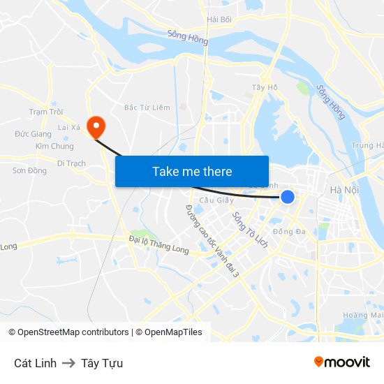 Cát Linh to Tây Tựu map