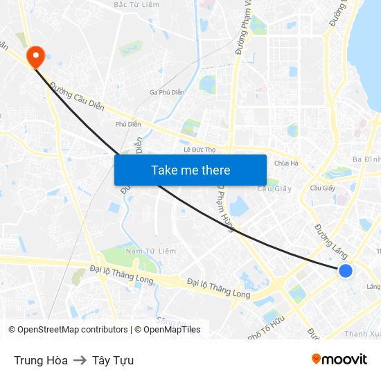 Trung Hòa to Tây Tựu map