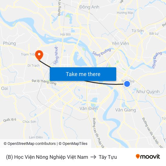 (B) Học Viện Nông Nghiệp Việt Nam to Tây Tựu map