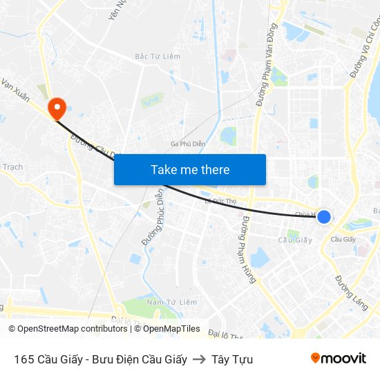 165 Cầu Giấy - Bưu Điện Cầu Giấy to Tây Tựu map