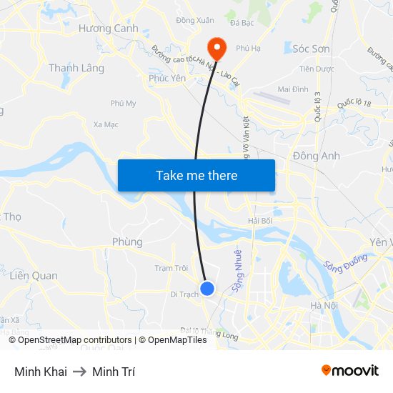 Minh Khai to Minh Trí map