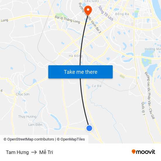 Tam Hưng to Mễ Trì map