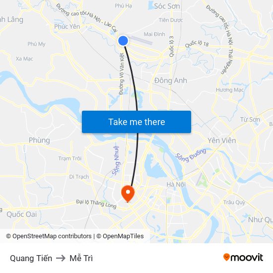 Quang Tiến to Mễ Trì map
