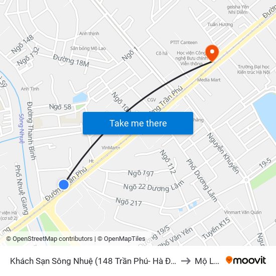 Khách Sạn Sông Nhuệ (148 Trần Phú- Hà Đông) to Mộ Lao map