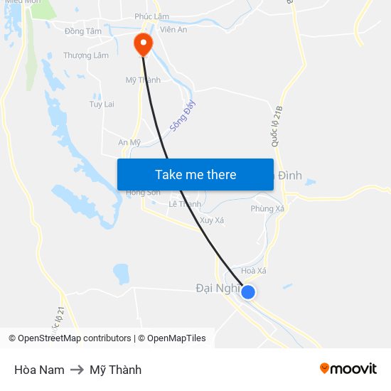 Hòa Nam to Mỹ Thành map