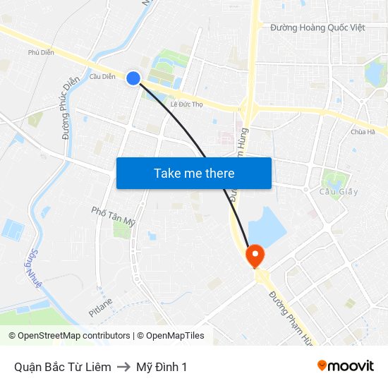 Quận Bắc Từ Liêm to Mỹ Đình 1 map