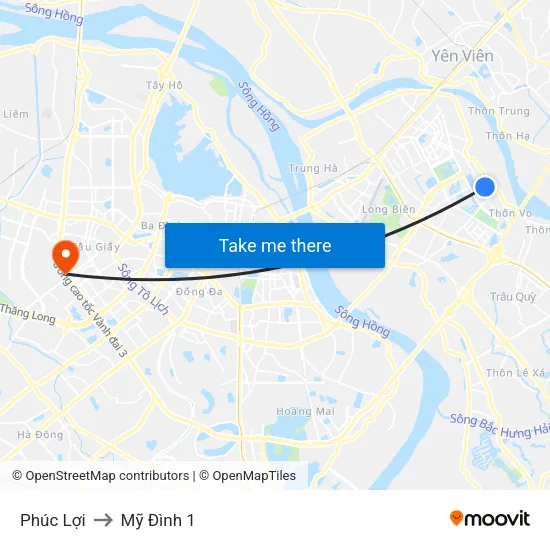Phúc Lợi to Mỹ Đình 1 map