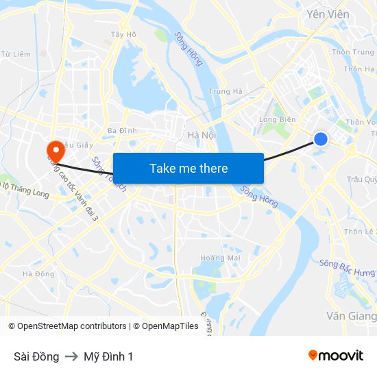 Sài Đồng to Mỹ Đình 1 map