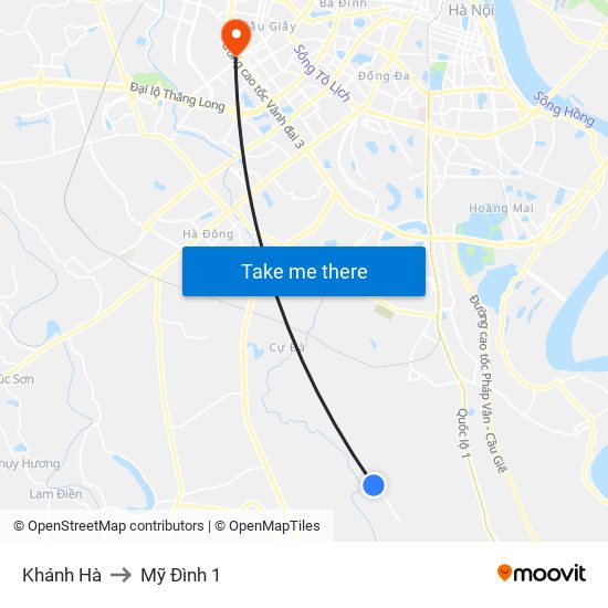 Khánh Hà to Mỹ Đình 1 map