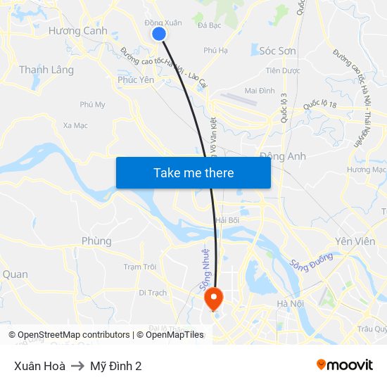 Xuân Hoà to Mỹ Đình 2 map