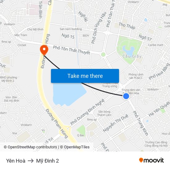 Yên Hoà to Mỹ Đình 2 map