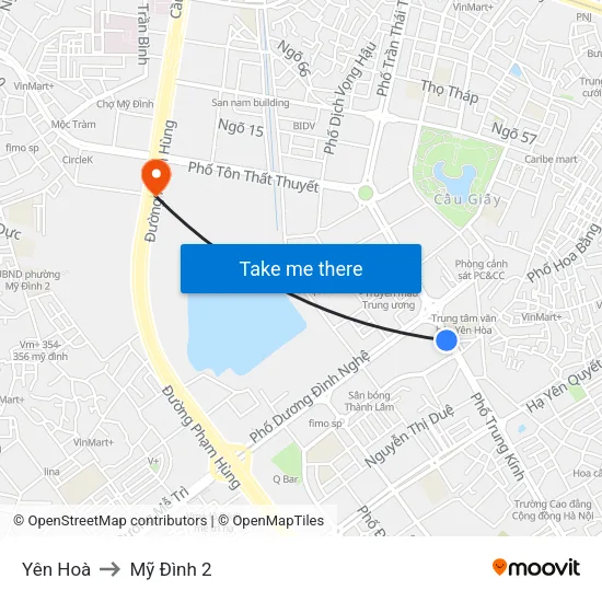 Yên Hoà to Mỹ Đình 2 map