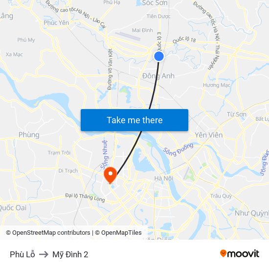 Phù Lỗ to Mỹ Đình 2 map