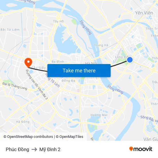 Phúc Đồng to Mỹ Đình 2 map