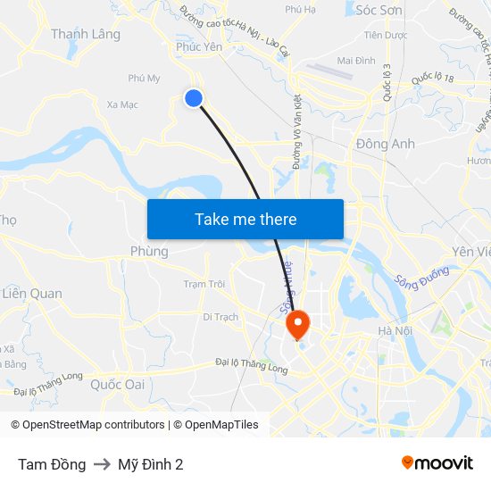 Tam Đồng to Mỹ Đình 2 map