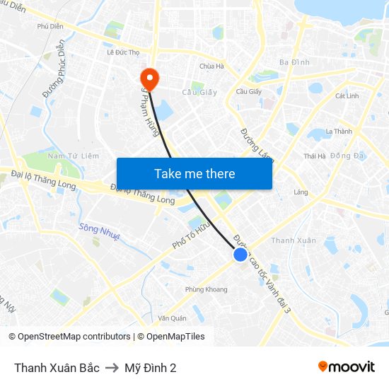 Thanh Xuân Bắc to Mỹ Đình 2 map