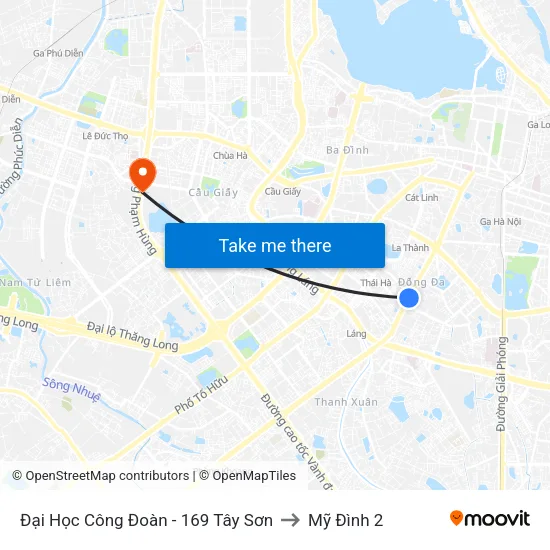 Đại Học Công Đoàn - 169 Tây Sơn to Mỹ Đình 2 map