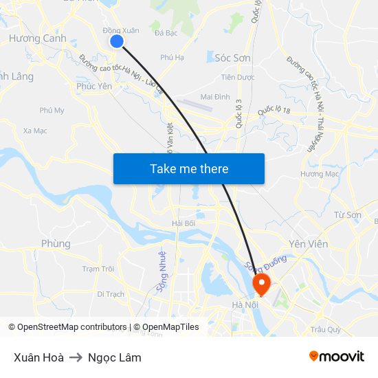 Xuân Hoà to Ngọc Lâm map