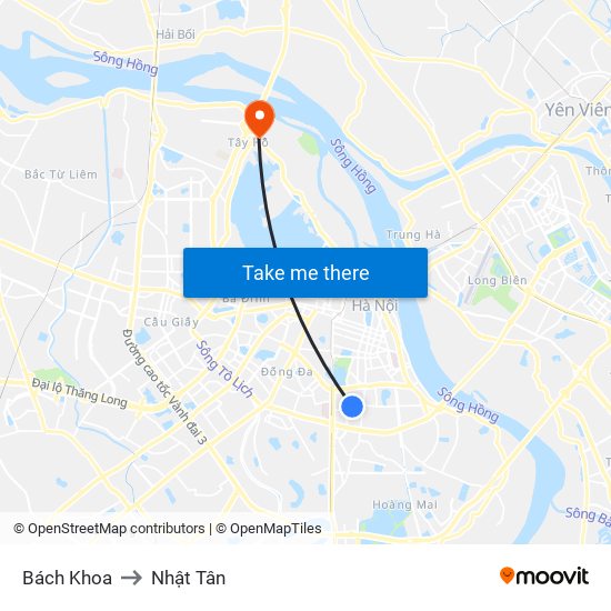 Bách Khoa to Nhật Tân map