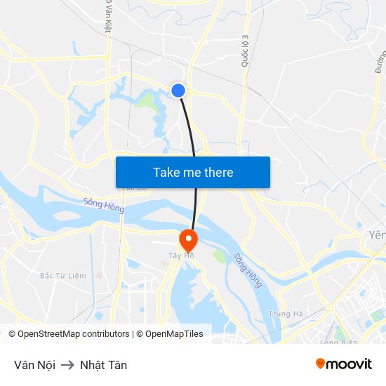 Vân Nội to Nhật Tân map