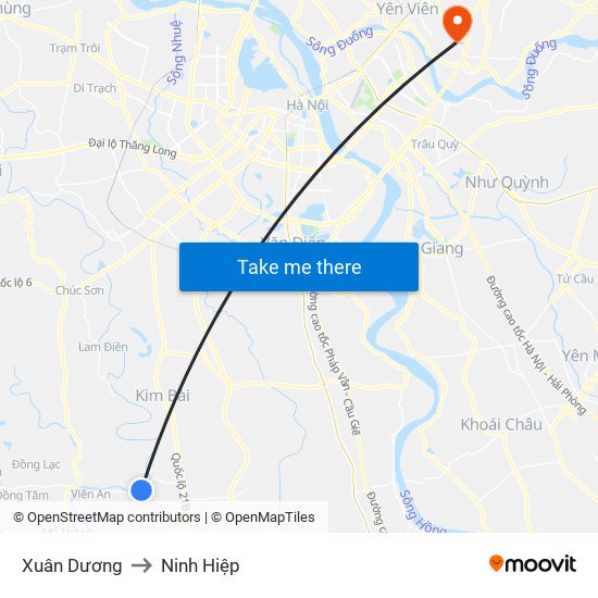 Xuân Dương to Ninh Hiệp map