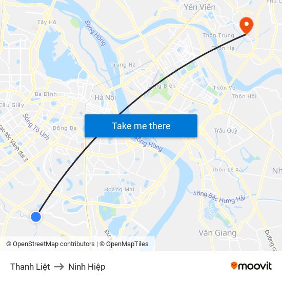 Thanh Liệt to Ninh Hiệp map