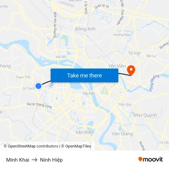 Minh Khai to Ninh Hiệp map