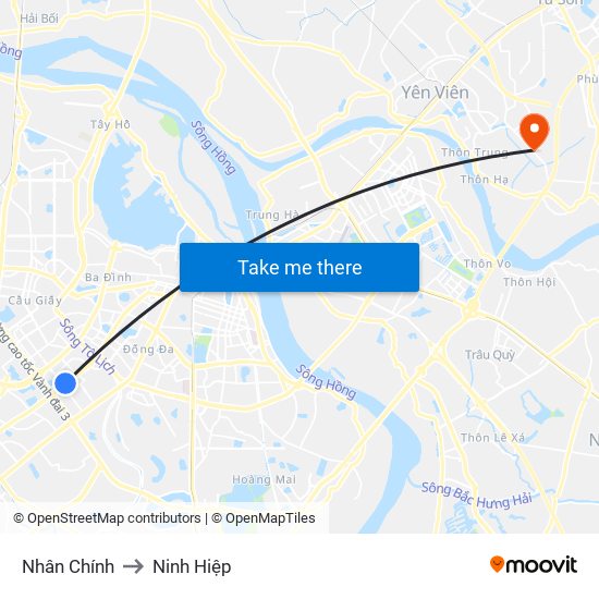 Nhân Chính to Ninh Hiệp map